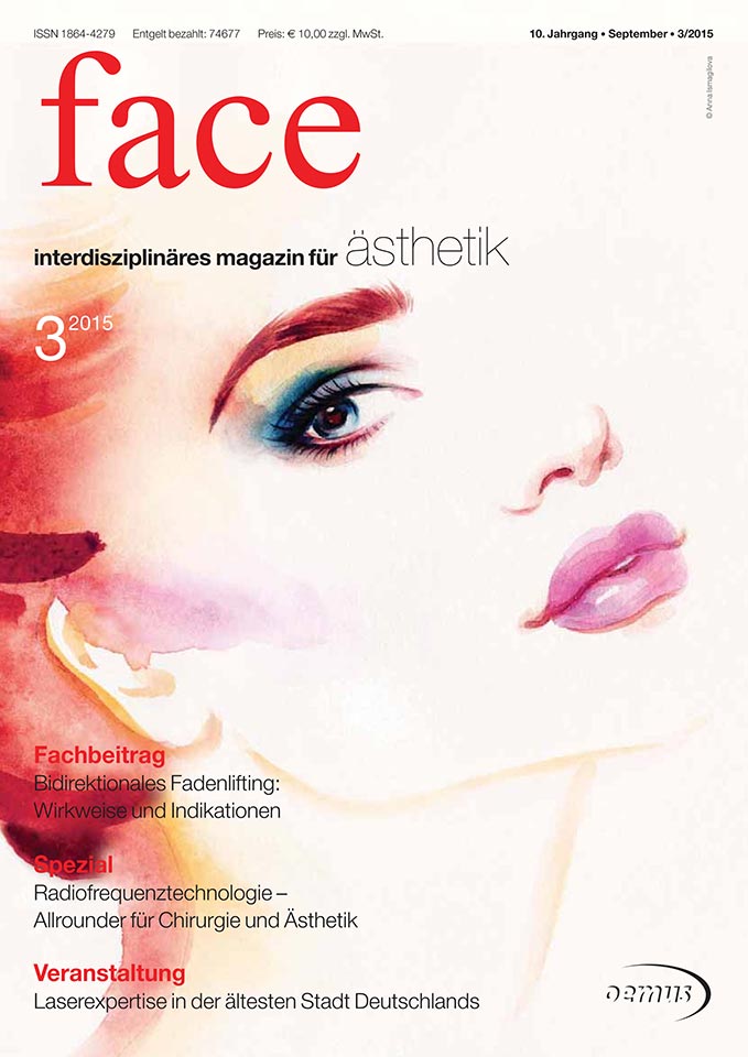 Photo de la page de couverture du magazine "Face" de 2015 où un article du Dr. Schlaudraff, chirurgien esthétique à Genève, apparaît