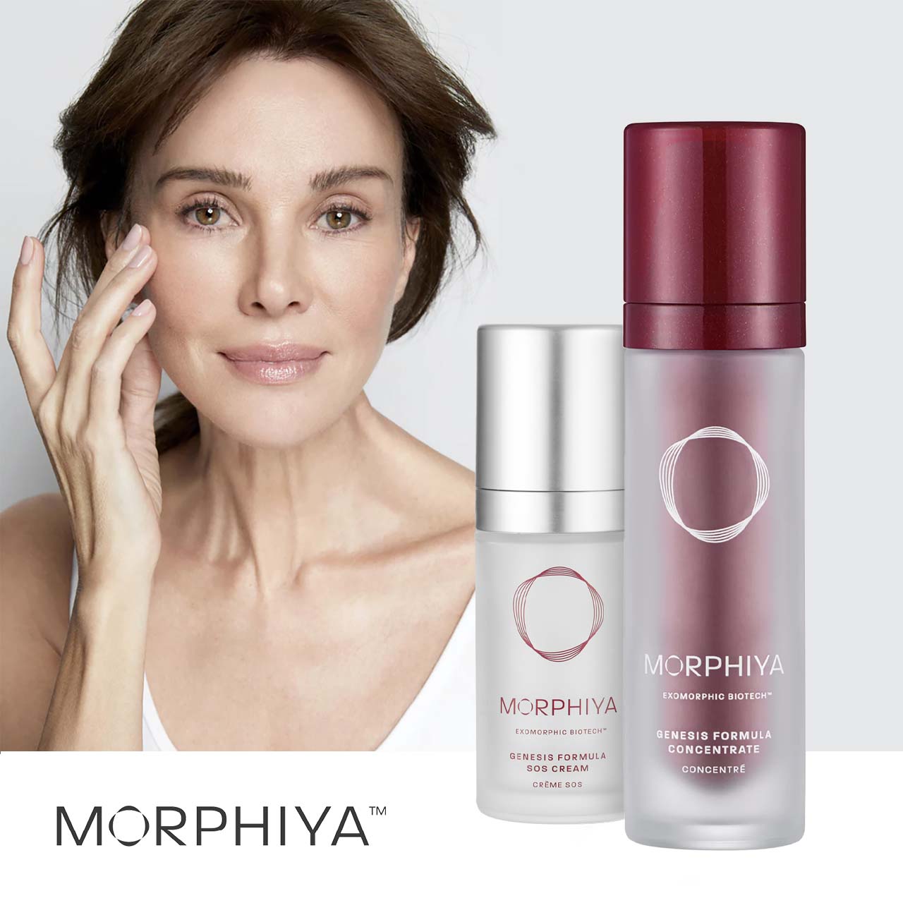 Image of a woman touching her face, with Morphiya products in the foreground.