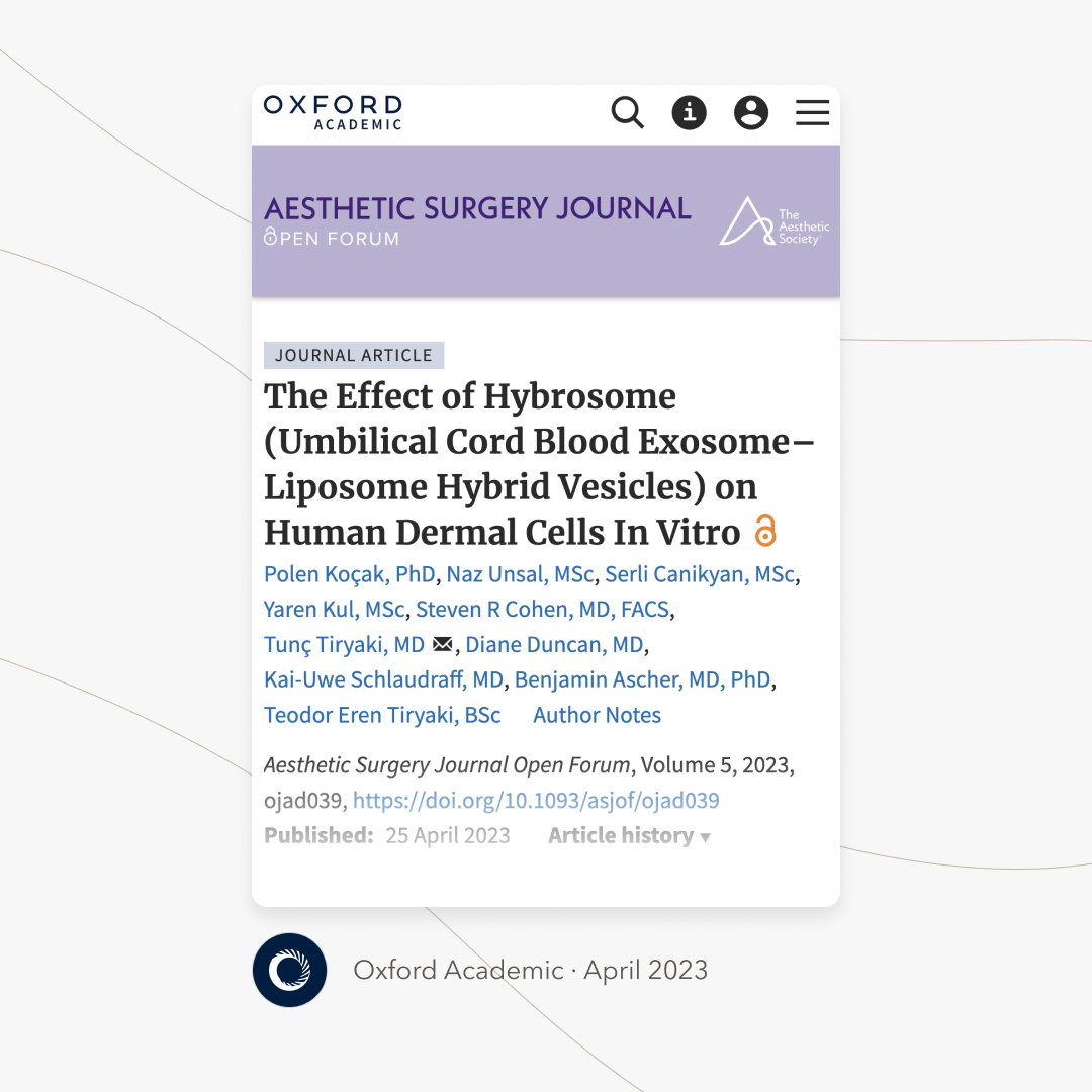 Capture d'écran de la nouvelle publication "The Effect of Hybrosome (Umbilical Cord Blood Exosome–Liposome Hybrid Vesicles) on Human Dermal Cells In Vitro" sur la plateforme de recherche académique d'Oxford University Press